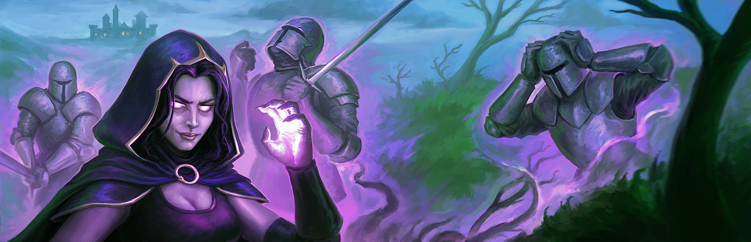 Azmar Quest key art: a hooded witch channelling magic while armoured knights close in